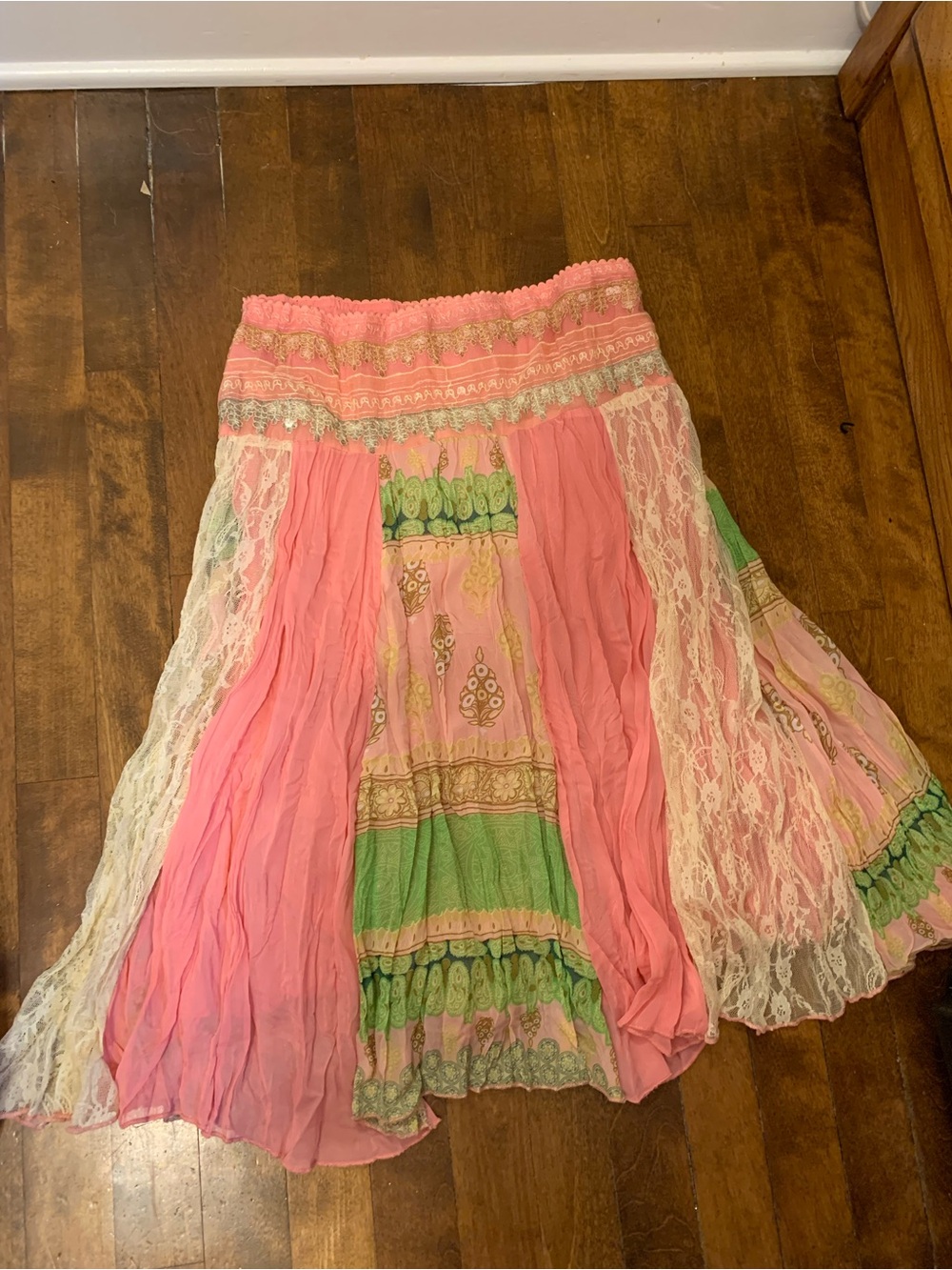 Pink and Green Tiered Lace Maxi Skirt